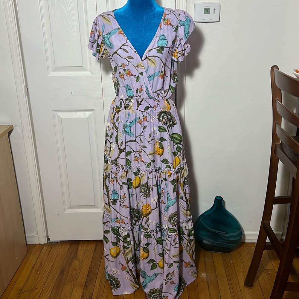 Floral Lilac Maxi Dress with Bird Print